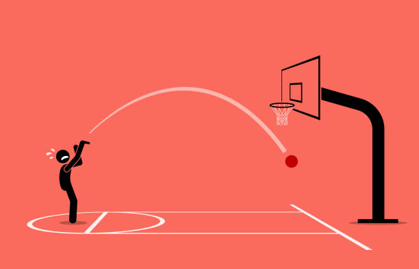 mann versucht, einen basketball in einen reifen zu schießen. er vermisst völlig und bekommt einen luftball. - basketball hoop illustrations stock-grafiken, -clipart, -cartoons und -symbole