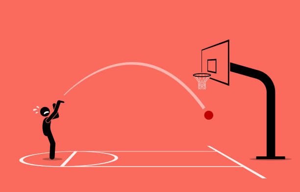 ilustraciones, imágenes clip art, dibujos animados e iconos de stock de hombre tratando de disparar una pelota de baloncesto en un aro. falla por completo y recibe una bola de aire. - fracaso