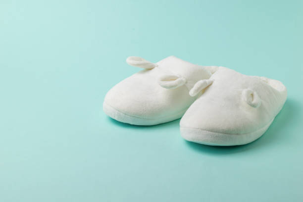 istock Warm house slippers with ears on a light blue background. 1303774966