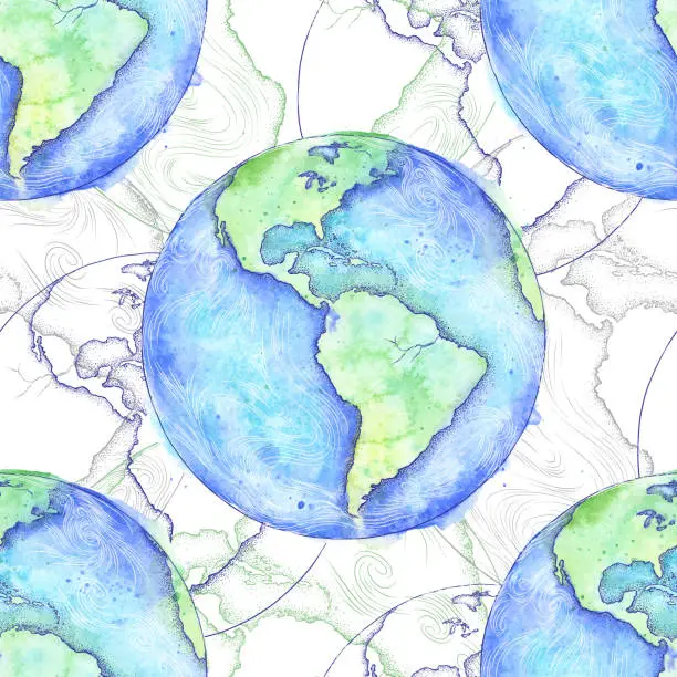 Vector illustration of Earth Seamless Pattern, Watercolor and Ink Illustration - Earth Day - Vector EPS10 Illustration