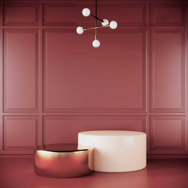 istock Modern minimal room interior design and circle podium on red wall and white floor. 1303784355
