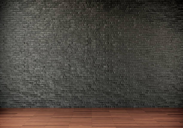 istock Empty room with black brick wall and wooden floor. 3d render illustration mock up interior. 1303784356