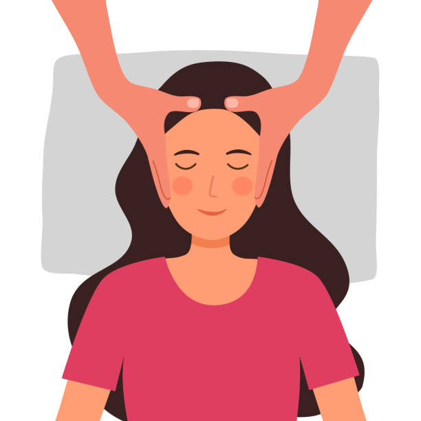 stockillustraties, clipart, cartoons en iconen met de vectorillustratie van het hoofdmassageconcept op witte achtergrond. aromatherapie massage en spa thuis of schoonheidssalon voor de bloedcirculatie. gezondheidszorg en hoofdontspanning. - gezichtsmassage