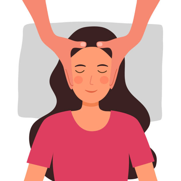 ilustracja wektorowa koncepcji masażu głowy na białym tle. masaż aromaterapeutyczny i spa w domu lub salonie kosmetycznym do krążenia krwi. opieka zdrowotna i relaks głowy. - head massage stock illustrations