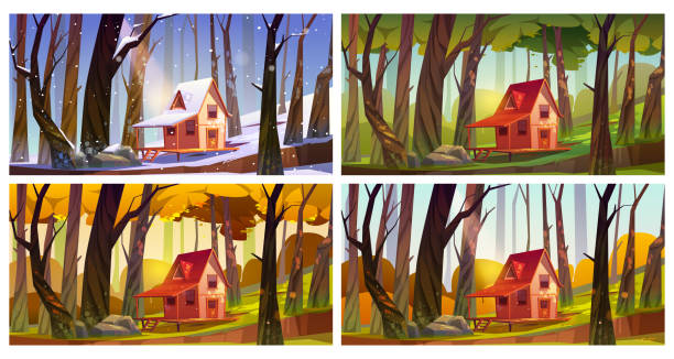 illustrazioni stock, clip art, cartoni animati e icone di tendenza di casa in legno nella foresta in diverse stagioni - forest hut window autumn