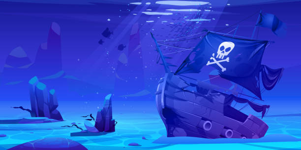 Wreck pirate ship, sunken filibuster wooden boat Wreck pirate ship, sunken filibuster vessel, wooden boat with jolly roger flag on ocean sandy bottom with sun beams falling from above, underwater world pc game background. Cartoon vector illustration sunken stock illustrations