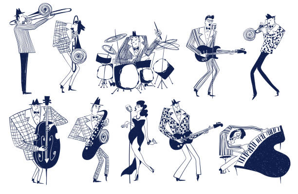 Set of funny jazz musician characters. Illustrations with isolated jazz musician characters. Funny mono color musical collection. musician stock illustrations