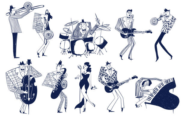 Set of funny jazz musician characters. Illustrations with isolated jazz musician characters. Funny mono color musical collection. funny piano player stock illustrations