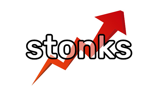 Inscription Stonks on a red arrow of a growing graph. A modern internet meme, a neologism meaning a sharp rise in stocks. Color vector illustration