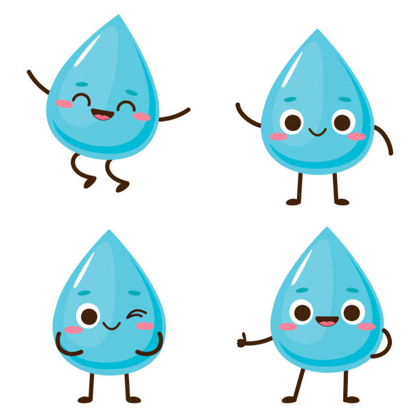 симпатичные синие капли воды характер набора - raindrop drop water symbol stock illustrations
