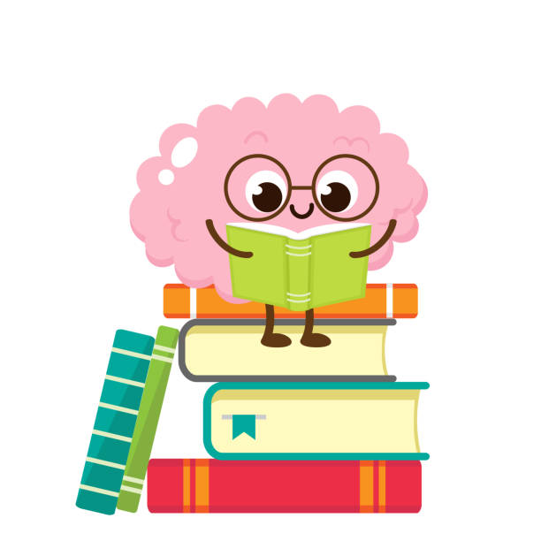 ilustrações, clipart, desenhos animados e ícones de livro de leitura de cérebro fofo de desenho animado - success practicing book stack