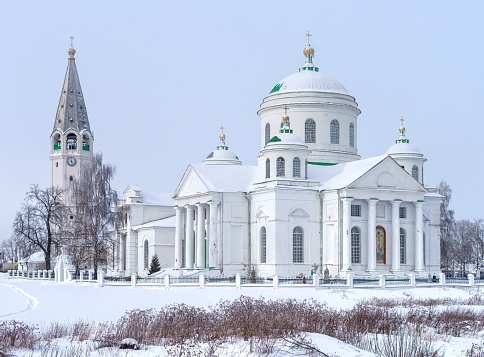 Old orthodox church near Arzamas. Winter view of temple of the Smolensk Icon of the Mother of God in Arzamas