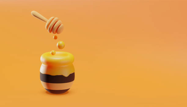 istock Honey pot with flowing honey and honey dipper in cartoon style. 3d illustration. Vector 1303798433