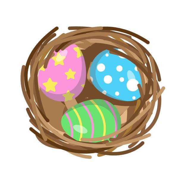 süße ostern vektor-illustration. 3 bunte eier in vögeln nist. rosa, blau und grün ei in einem braunen nest. heller druck im flachen stil. positive feder-illustration. druck für geschenkpapier, saisonale dekor - easter nest stock-grafiken, -clipart, -cartoons und -symbole