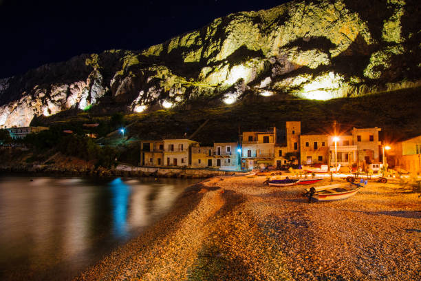 night view of the beach and village in gerolimenas - mani peninsula imagens e fotografias de stock