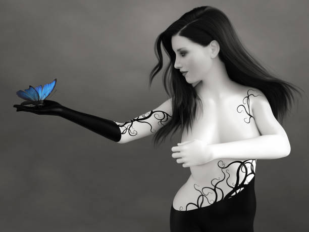 istock 3D rendering of grayscale woman with blue butterfly. 1303802208