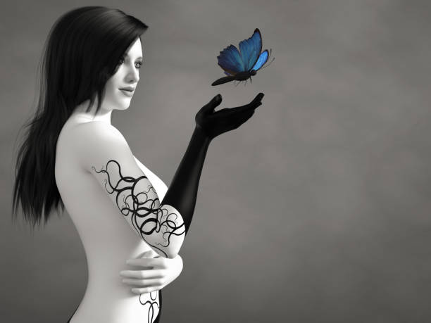 istock 3D rendering of grayscale woman with blue butterfly. 1303802216