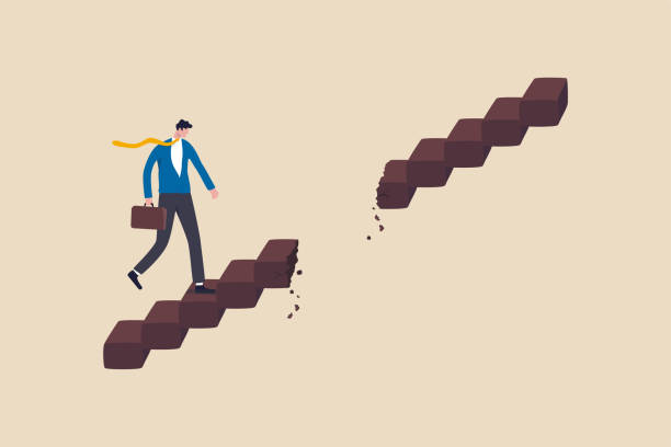 ilustrações de stock, clip art, desenhos animados e ícones de career path obstacle, business problem or risk, challenge to achieve success or leadership to overcome difficulty concept, smart businessman walk to next level with caution of damaged broken staircase - success failure dreams road sign