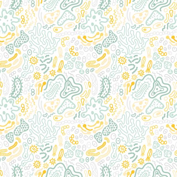 Microbe, virus, bacteria seamless pattern. Abstract doodle illustration. Vector background with fantasy microorganism, germ, mold, cell, probiotic etc. Microbe, virus, bacteria seamless pattern. Abstract doodle illustration. Vector background with fantasy microorganism, germ, mold, cell, probiotic etc. spore stock illustrations