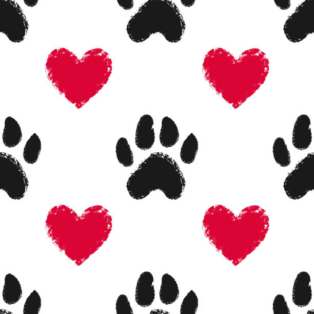 ilustrações de stock, clip art, desenhos animados e ícones de seamless pattern with animal paw prints and hearts. dog or cat hand drawn paw print. - cat paw print