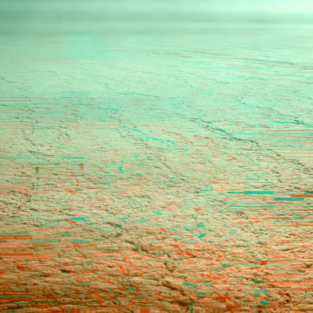 istock Sky above the clouds in gradient and green-blue orange colors with glitch effect and screen texture. Poster background 1303807592