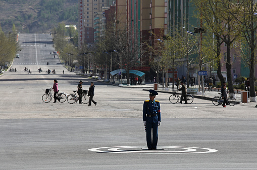 April 16, 2018. Kaesong, North Korea. \nKaesong, one of North Korea's border cities, has wide streets in the city. Kaesong is a city located in North Hwanghae province of North Korea. The city has a surface area of 1,309 km² and as of the year 2009 it is 192,578. Kaesong is home to the Kaesong Industrial Park, which is operated jointly by the two countries due to its proximity to the South Korean border.