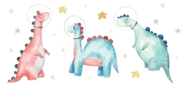 Photo of cute dinosaurs in space among the stars, set, childrens illustration in watercolor