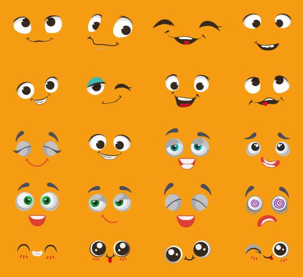 Emoji cute cartoon character set, vector illustration. Comic emoticon with sad, happy, crazy face expressions. Emoji cartoon character set, vector illustration. Comic emoticon with sad, happy, crazy, scared, bored face expressions. Funny smile, cute emoji characters expressing different feelings and emotions. cartoon human face eye stock illustrations
