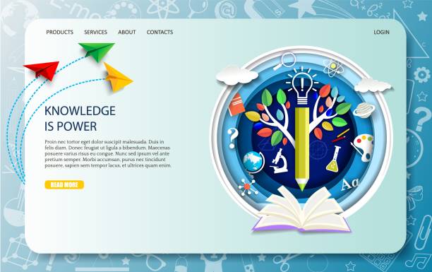 Education landing page design, website banner template. Vector illustration in paper art style. Education landing page design, website banner template. Vector illustration in paper art craft style. Open book, tree of knowledge, pencil, science symbols and school supplies. Online education. science and technology education stock illustrations
