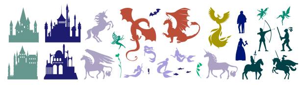 중세 성 및 신화 동화 캐릭터 세트, 벡터 일러스트. 매직 유니콘, 페가수스, 파이어버드, 귀여운 요정 - fantasy flying dragon monster stock illustrations