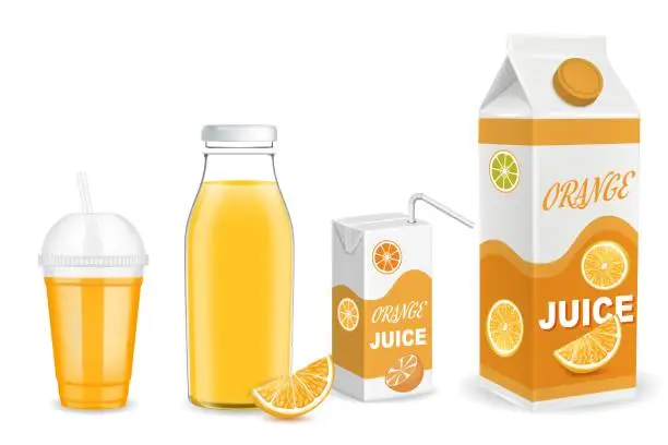 Vector illustration of Orange juice packaging container mockup set, vector illustration. Glass bottle, plastic cup, carton pack templates