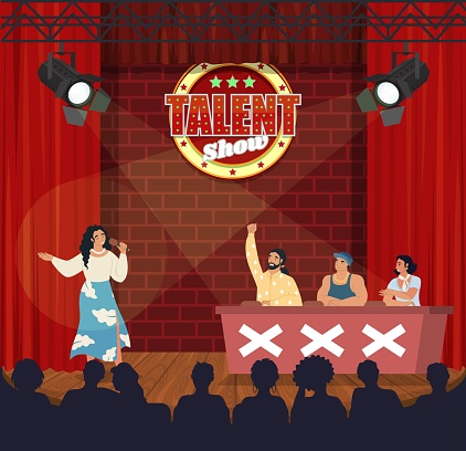 Talent show. Singer, young woman singing in front of live audience and jury, flat vector illustration. Tv talent show contestant performing on theatre stage with microphone. Television contest.