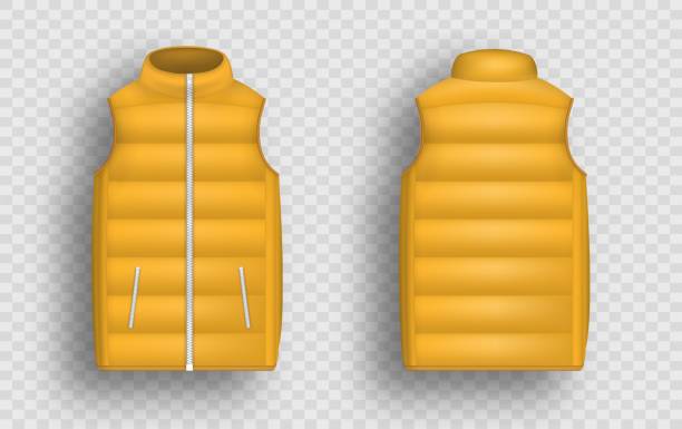 istock Orange winter puffer vest, sleeveless jacket mockup set, vector illustration. Realistic down vest, front and back view. 1303809697