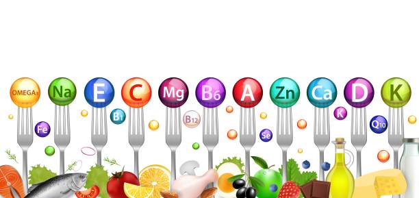 Vitamin mineral balls and foods rich in vitamins, vector illustration. Healthy nutrition, diet, natural food supplements Colorful vitamin mineral balls and foods rich in vitamins, vector illustration. Realistic red salmon fish, fruits and vegetables, dairy products. Diet, healthy nutrition, natural food supplements. 3d red letter e stock illustrations