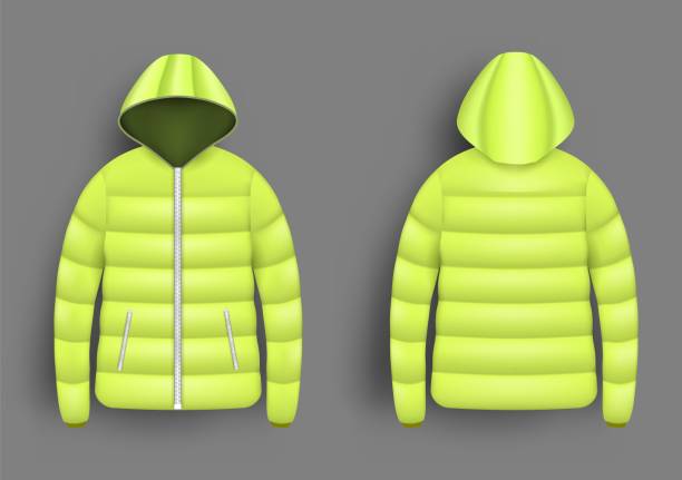 istock Yellow puffer jacket mockup set, vector isolated illustration. Realistic modern hooded down jacket, front and back view. 1303809709