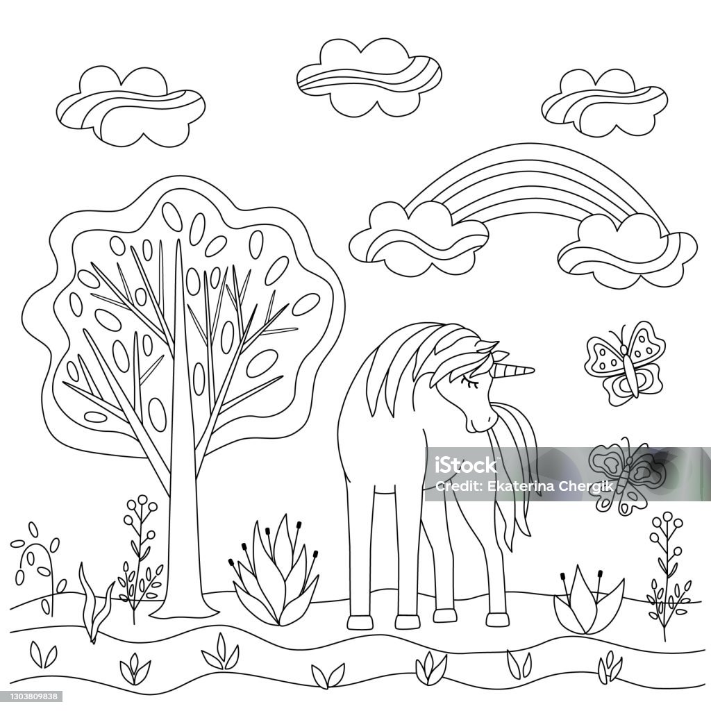 유니콘 자연 나비 나무와 무지개와 귀여운 간단한 아이 색칠 공부 책 흰색 배경 벡터 그림의 윤곽선입니다 색칠하기에 대한 스톡 벡터 아트  및 기타 이미지 - Istock