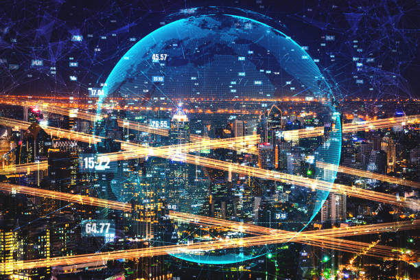 istock Smart city technology with futuristic graphic of digital data transfer 1303810696