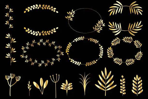 Vector illustration of Vintage set with gold wreaths on black background. Isolated vector illustration. Winner award. Stock image. EPS 10.