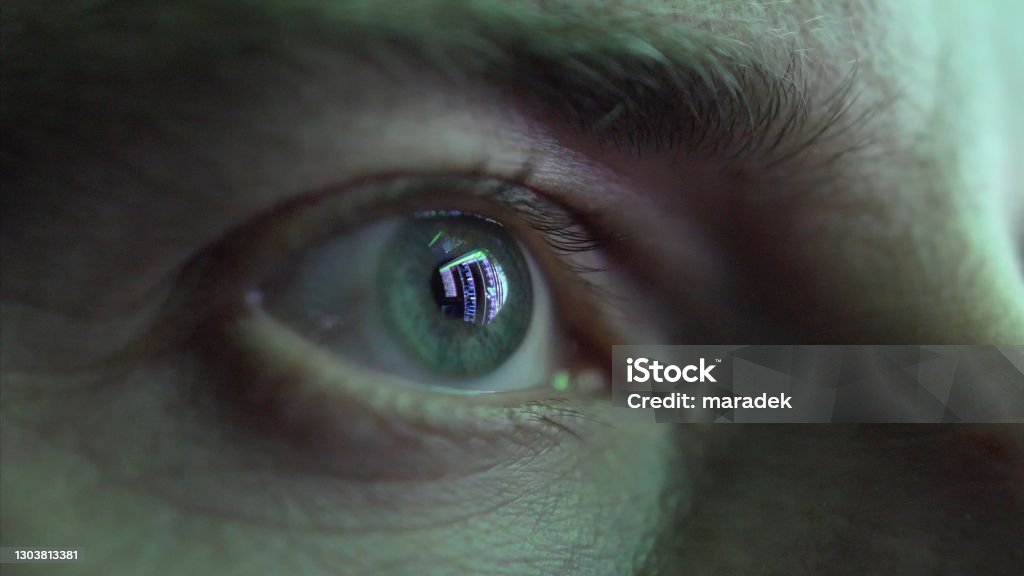 Eye Looking At Computer Screen Programming Hacker Code Reflecting In ...