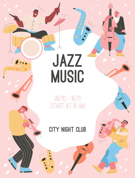 векторный плакат джазовой музыки в концепции city night club - guitar musical band popular music concert music stock illustrations