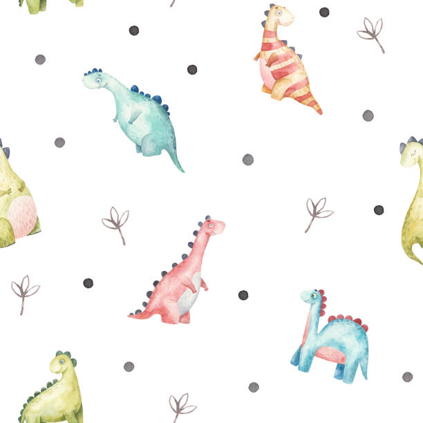 istock seamless pattern with cartoon dinosaurs, watercolor illustration on white background 1303814097
