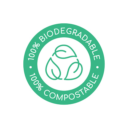 Round biodegradable symbol. Natural recyclable packaging sign. Eco friendly product. Vector illustration, flat, clip art.