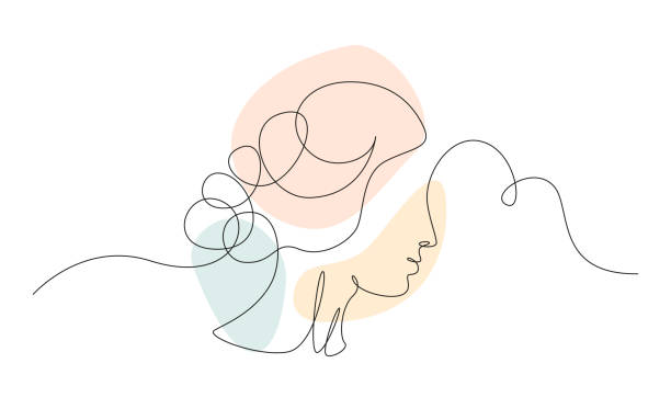 Continuous one line drawing of a woman's face. Horizontal Elegant minimalistic portrait of female with abstract pastel shape for a logo, emblem or web banner. Vector illustration.