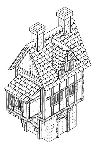 illustrazioni stock, clip art, cartoni animati e icone di tendenza di icona della mappa dell'edificio tudor vintage fantasy della casa di città - house of tudor