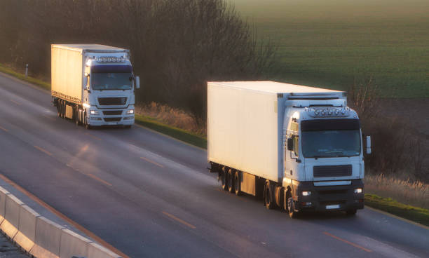 istock Truck with container on highway, cargo transportation concept. 1303824580