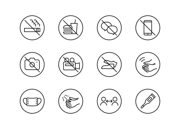 A set of icons of caution for movie theaters and concert halls. There are icons for no smoking, no eating or drinking, no photography, infection control, etc. A set of icons of caution for movie theaters and concert halls.
There are icons for no smoking, no eating or drinking, no photography, infection control, etc. no photographs sign illustrations stock illustrations