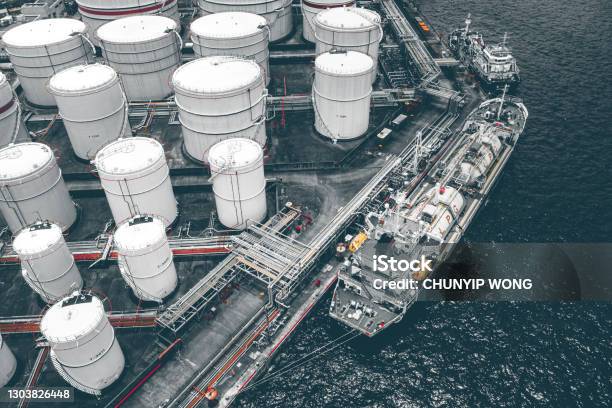 Several Huge Tanks For Storing Fuel Stock Photo - Download Image Now - Liquefied Natural Gas, Station, Gas