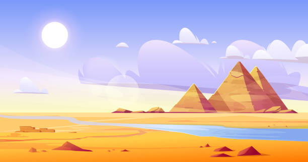 Egyptian desert with river and ancient pyramids Egyptian desert with river and pyramids. Vector cartoon illustration of landscape with yellow sand dunes, blue water of Nile, ancient tombs of Egypt pharaoh, hot sun and clouds in sky egypt stock illustrations