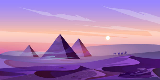 египетские пирамиды и река нил в сумерках пустыни. - pyramid pyramid shape egypt sunset stock illustrations