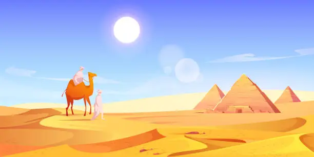 Vector illustration of Two men and camel in Egyptian desert with pyramids